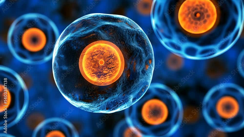 Cells under a microscope, depicting cell structures with visible nucleus and cell membrane, on a blue backdrop.