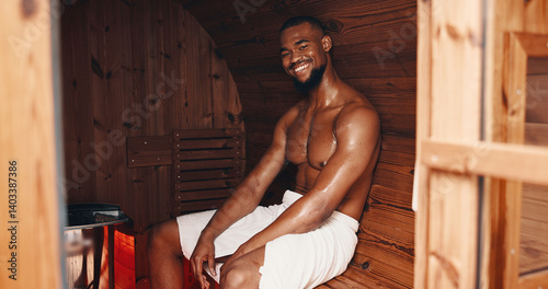Photography Sauna, fitness and portrait of black man in gym for muscle recovery, post workout and health in sports center