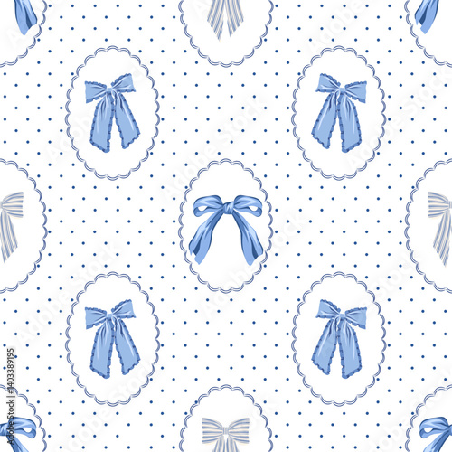 Seamless Blue Bow Pattern with Scallop Frames and Polkadot Background
