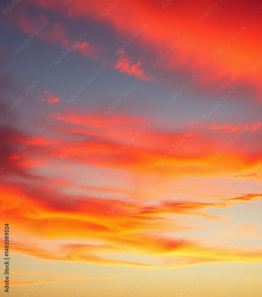 Fototapeta premium Fiery sunset paints the sky with vibrant red clouds, streaks of orange and gold, dusk, amazing