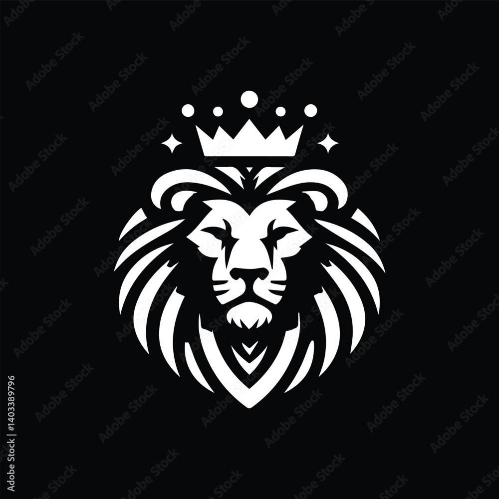 Obraz premium Create a bold, minimalist black and white vector logo of a lion's head with a majestic crown. The lion should have a symmetrical, fierce expression and a flowing, stylized mane. The design must convey