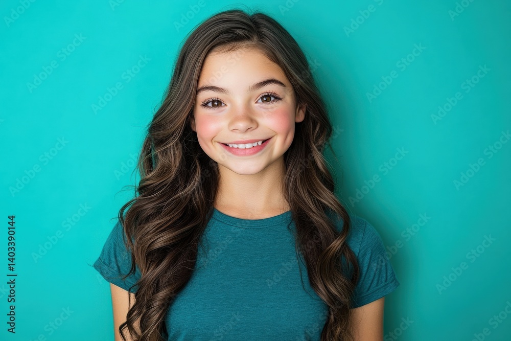 Fototapeta premium Smiling Girl with Curly Hair on Teal Background