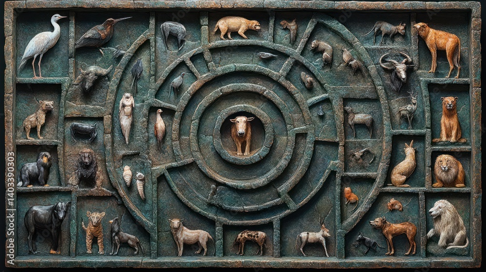 Intricate wooden maze showcasing diverse animal sculptures, a cow at its center. Intricate wooden maze showcasing diverse animal sculptures, a cow at its center.