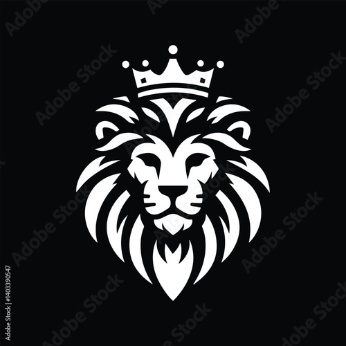 Create a bold, minimalist black and white vector logo of a lion's head with a majestic crown. The lion should have a symmetrical, fierce expression and a flowing, stylized mane. The design must convey