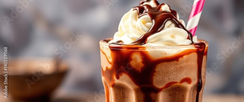Rich chocolate milkshake topped with vanilla ice cream and chocolate syrup, rich, drink, indulgence