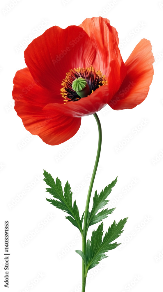 Single red poppy flower, wildflowers isolated on a transparent background Single red poppy flower, wildflowers isolated on a transparent background