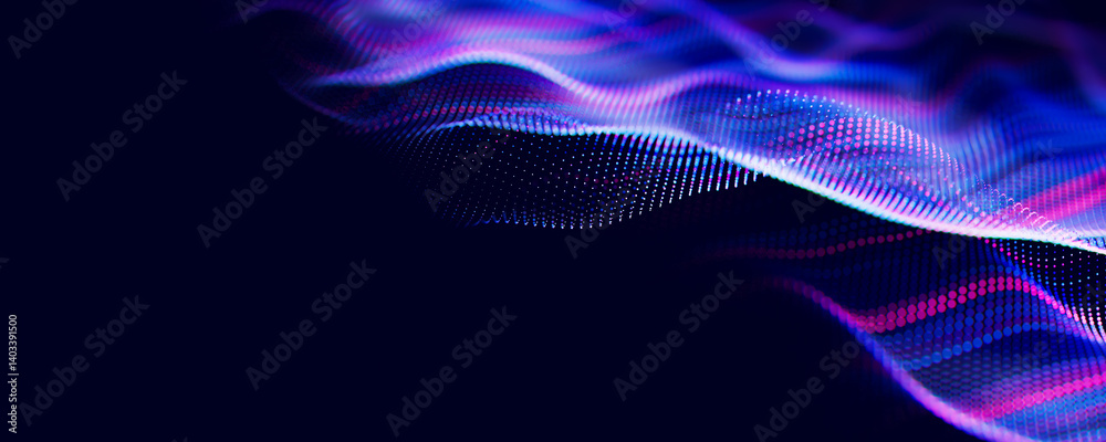 Abstract wave of particles. Big data digital flow concept. LLM learning process, AI technology. Quantum computing. with place for text Abstract wave of particles. Big data digital flow concept. LLM learning process, AI technology. Quantum computing. with place for text