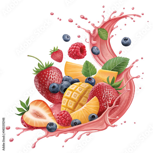 strawberry and milk mix berries smooth fruit with liquid plashing of tropical fruits isolated 