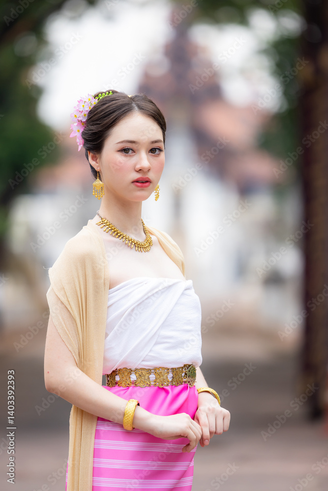 Young asian woman Thai traditional costume dress, Asian women dress identity Thai culture national costume culture dress, Thai traditional costume Thailand National, Thai woman culture costume dress.