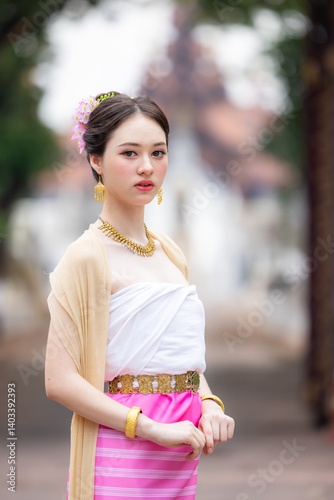 Obraz na płótnie Young asian woman Thai traditional costume dress, Asian women dress identity Thai culture national costume culture dress, Thai traditional costume Thailand National, Thai woman culture costume dress. w salonie