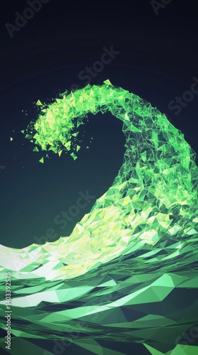 Abstract Polygonal Green Wave: 3D Digital Art Captures Nature-Inspired Marine Vibes and Vibrant Motion