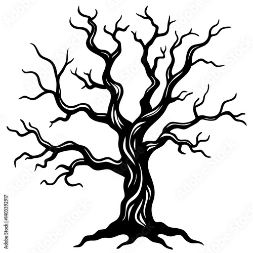 A spooky tree with twisted branches, vector silhouette, eerie mood