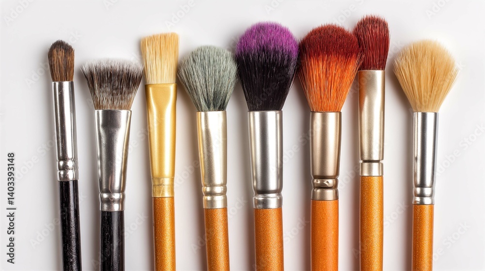 Fototapeta premium An assortment of makeup brushes with varied colors and shapes, arranged on white surface.