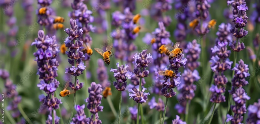 Busy bees flitting amongst vibrant purple lavender, delicate beeswax flowers adding textural detail, bees, wildlife photography, lavender field