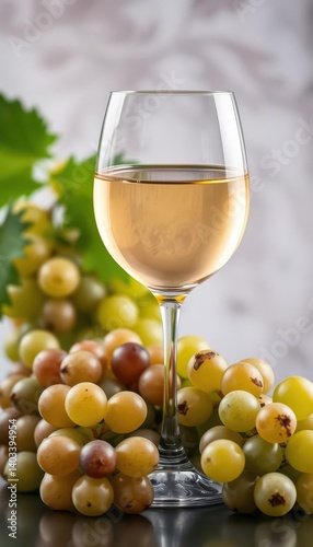 Crystal glass of crisp white wine beside a bunch of green grapes, refreshment, elegant