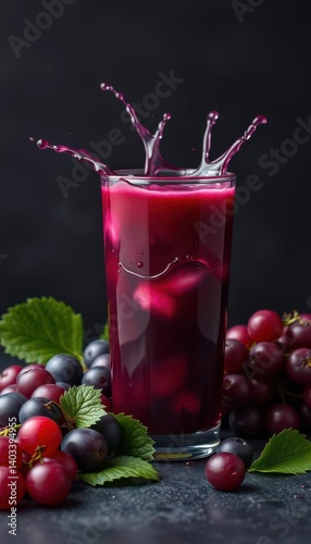 Dark background, glass of fresh grape juice, splashes, drops, canning, fall, purple, conserve