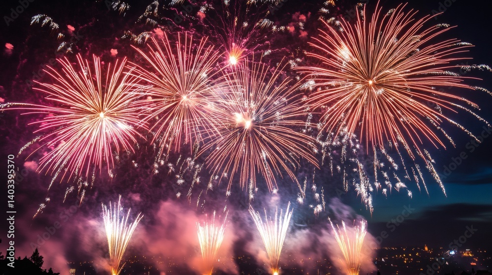 Fototapeta premium Night sky fireworks display over city. Celebration event backdrop