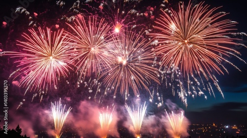 Night sky fireworks display over city. Celebration event backdrop