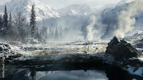 A Stunning Winter Landscape Featuring Snow-Capped Mountains and Geothermal Hot Springs