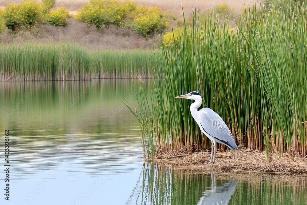 Fototapeta premium Wetland ecosystem with herons, reeds, frogs, and still water