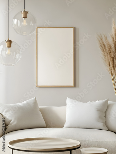 modern interior design mockup background with a blank poster frame, sofa and coffee table in light beige tones, minimalist style, natural lighting, high resolution photography