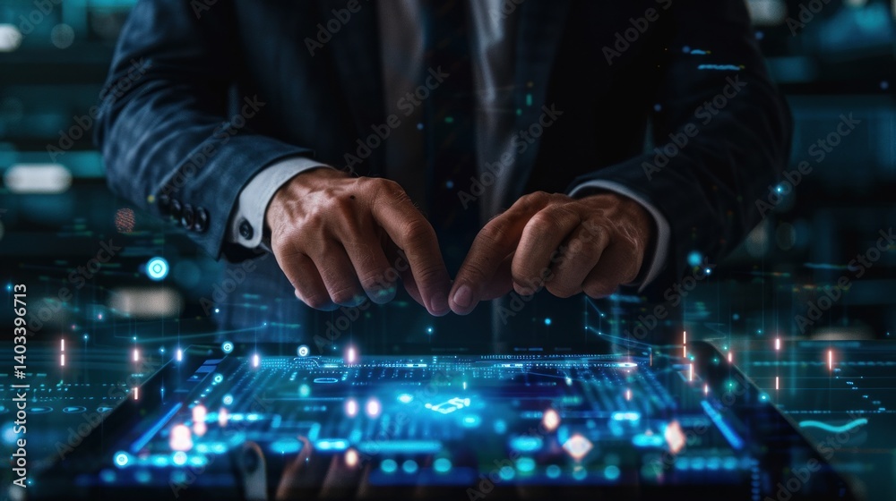 A man is pointing at a computer screen with a blue circle A man is pointing at a computer screen with a blue circle