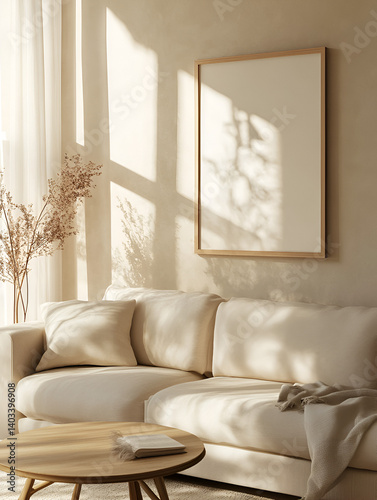 modern interior design mockup background with a blank poster frame, sofa and coffee table in light beige tones, minimalist style, natural lighting, high resolution photography
