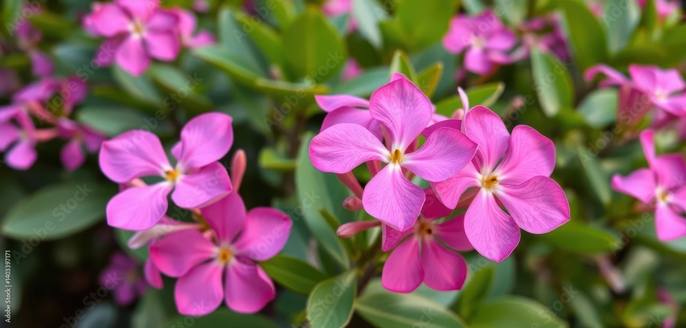 Pink Adenium obesum blossoms in sharp focus, lush green foliage backdrop, macro, wildlife, garden Pink Adenium obesum blossoms in sharp focus, lush green foliage backdrop, macro, wildlife, garden