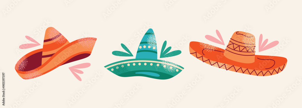 Naklejka premium Collection of colorful Mexican sombreros hat. Traditional Mexican headwear. Flat cartoon illustration isolated on light background. Cinco de Mayo celebration concept