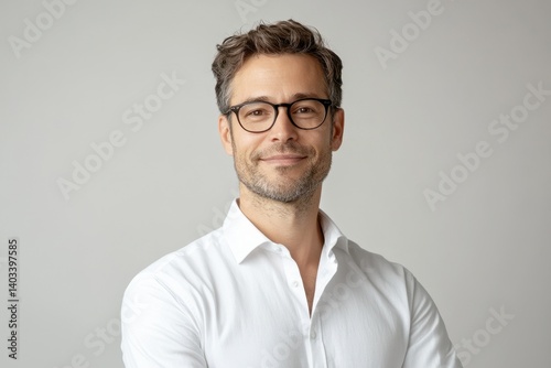 A portrait of a smiling man wearing glasses and a white shirt