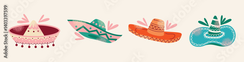 Collection of colorful Mexican sombreros hat. Traditional Mexican headwear. Flat cartoon illustration isolated on light background. Cinco de Mayo celebration concept