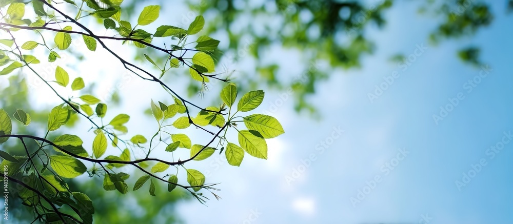 A branch with vibrant green leaves against a clear blue sky, sunlight filtering through foliage to create dappled shadows, minimalist botanical composition with natural backlighting. A branch with vibrant green leaves against a clear blue sky, sunlight filtering through foliage to create dappled shadows, minimalist botanical composition with natural backlighting.