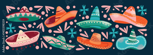 Collection of colorful Mexican sombreros hat. Traditional Mexican headwear. Flat cartoon illustration isolated on dark background. Cinco de Mayo celebration concept