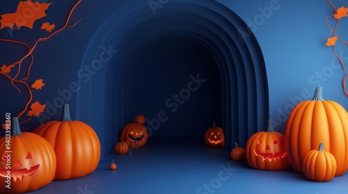 Halloween Pumpkins Blue Archway Autumn Scene