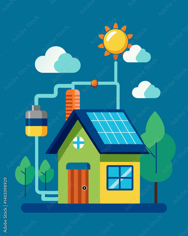 Fototapeta premium An innovative residential heating system that combines solar power and thermal energy storage ensuring warmth even during cloudy days.. Vector illustration
