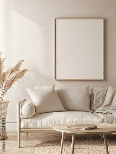 modern interior design mockup background with a blank poster frame, sofa and coffee table in light beige tones, minimalist style, natural lighting, high resolution photography