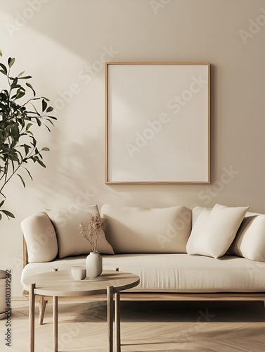 modern interior design mockup background with a blank poster frame, sofa and coffee table in light beige tones, minimalist style, natural lighting, high resolution photography