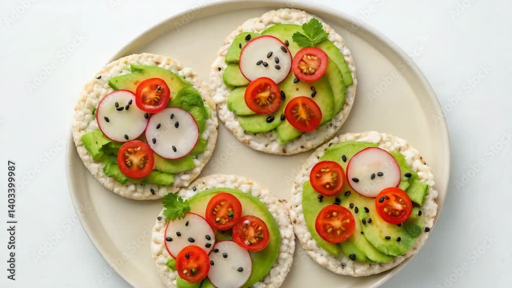 Four rice cakes topped with sliced avocado, radishes, cherry tomatoes, and black sesame seeds, served on a light-colored plate. Four rice cakes topped with sliced avocado, radishes, cherry tomatoes, and black sesame seeds, served on a light-colored plate.