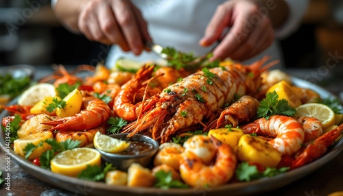 Chef Preparing Delicious Seafood Platter with Grilled Lobster and Shrimp