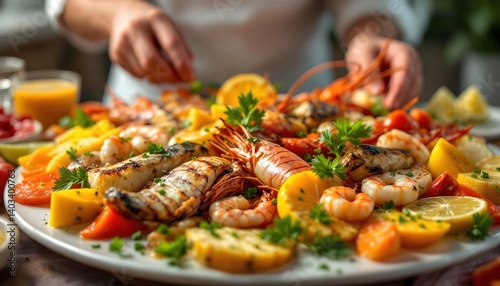 Chef Preparing Grilled Seafood Platter with Shrimp, Lobster and Fish