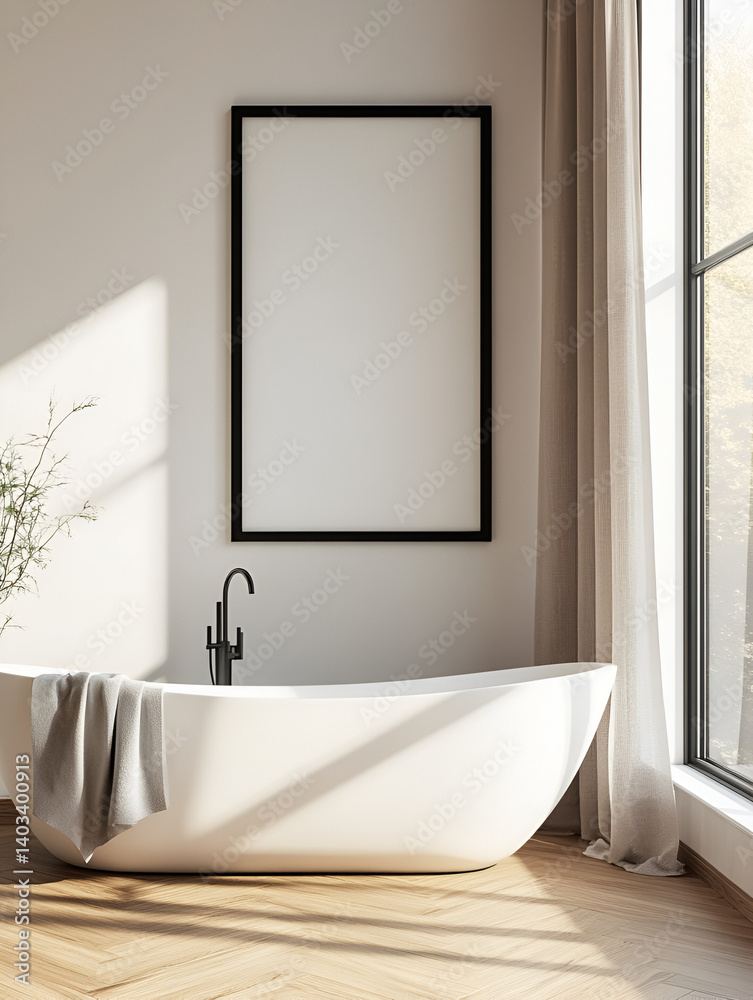 Fototapeta premium Poster frame mockup in white cozy bathroom interior background,