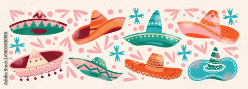 Collection of colorful Mexican sombreros hat. Traditional Mexican headwear. Flat cartoon illustration isolated on light background. Cinco de Mayo celebration concept