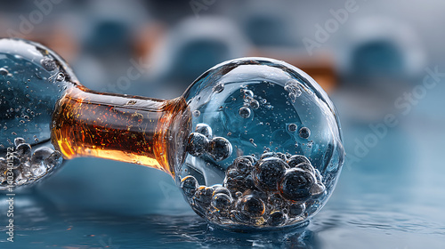 A close-up view of a molecular structure with bubbles, showcasing intricate details and reflections in a liquid environment.