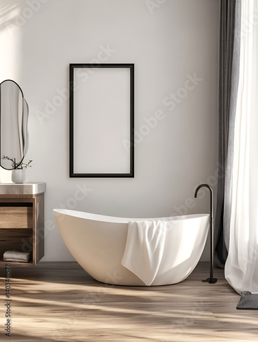 Poster frame mockup in white cozy bathroom interior background,