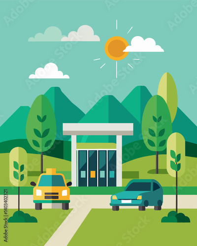 At the entrance of the nature reserve a row of solarpowered charging stations awaits electric car owners making it easy for them to visit and support the reserves conservation. Vector illustration