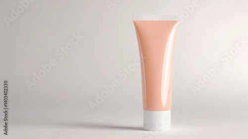 Peach-colored cosmetic tube on white background