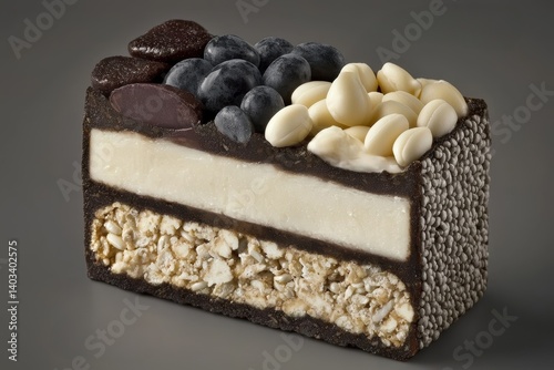 Scientific visual of functional snack bar cut in half, annotated with ingredient zones like probiotics, fiber core, and antioxidant shell., copy space for text - vibrant visual photo
