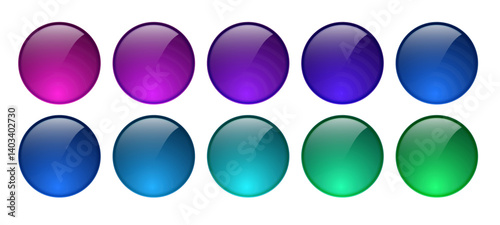 3d round game button icon set in blue, green, purple color. Vector ball circle badge