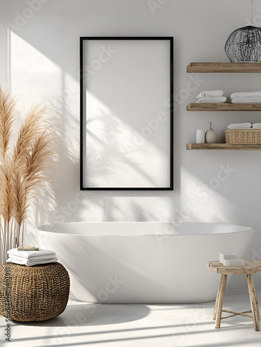 Poster frame mockup in white cozy bathroom interior background,