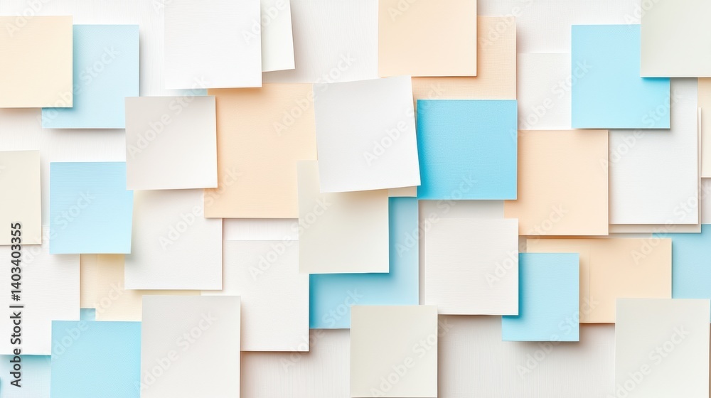 A collection of white, light blue, and peach sticky notes arranged in a grid-like pattern. A collection of white, light blue, and peach sticky notes arranged in a grid-like pattern.